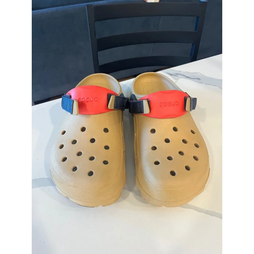 Crocs Classic Tan Clogs Red Blue Strap Comfort Slip On Shoes Men Women Size 9 11